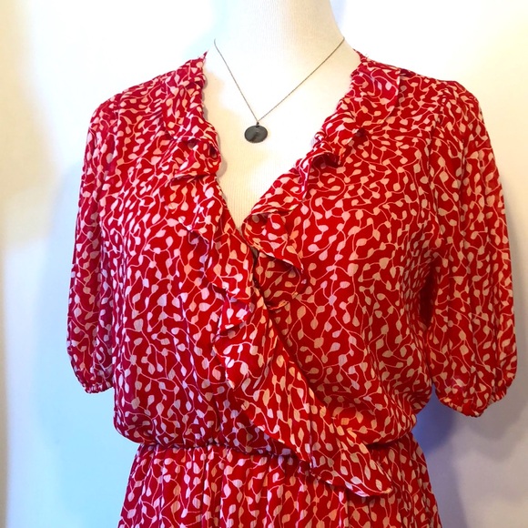 LUSH Red & White Floral Ruffle Mini Wrap Dress-Size Large - Picture 2 of 9